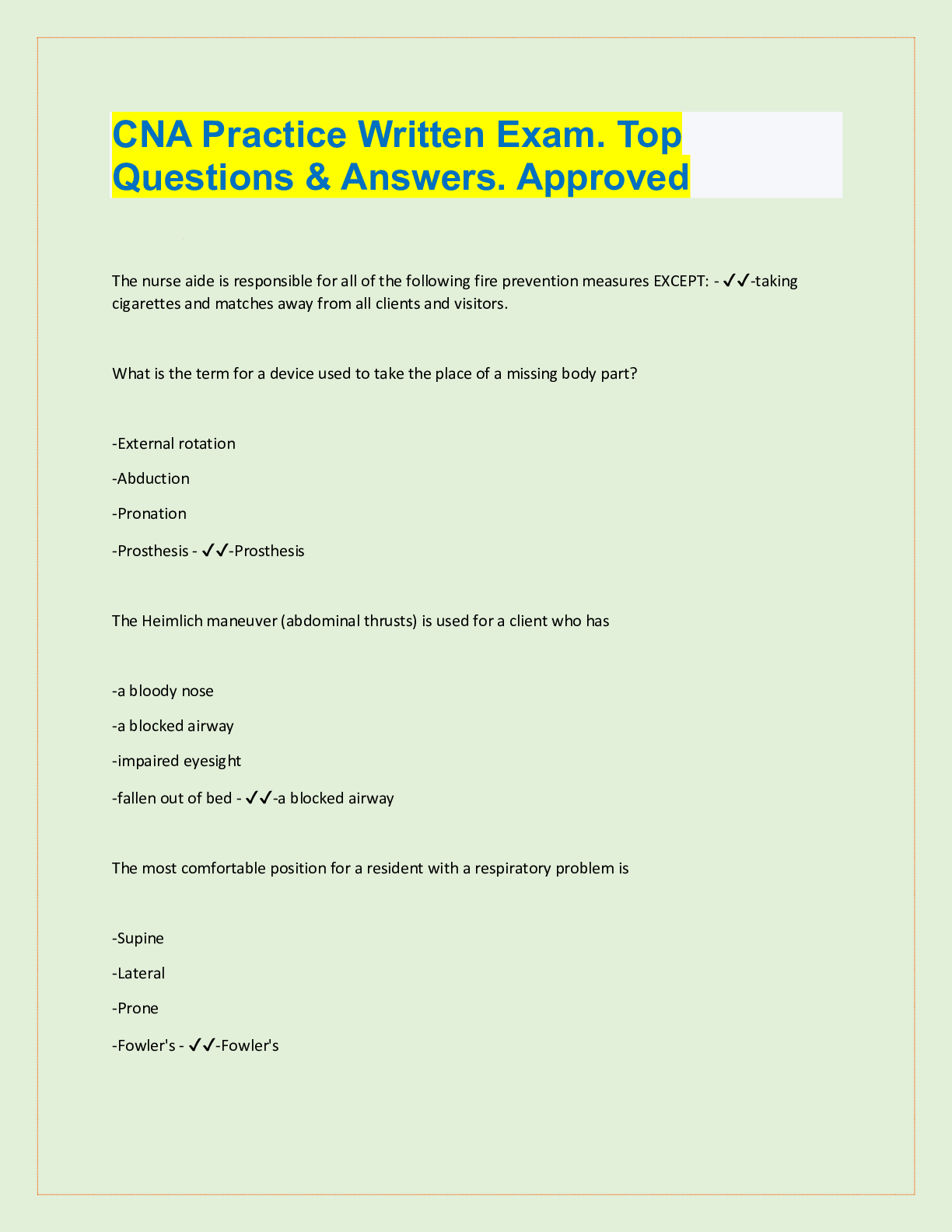 Preview of CNA Practice Written Exam. Top  Questions & Answers. Approved